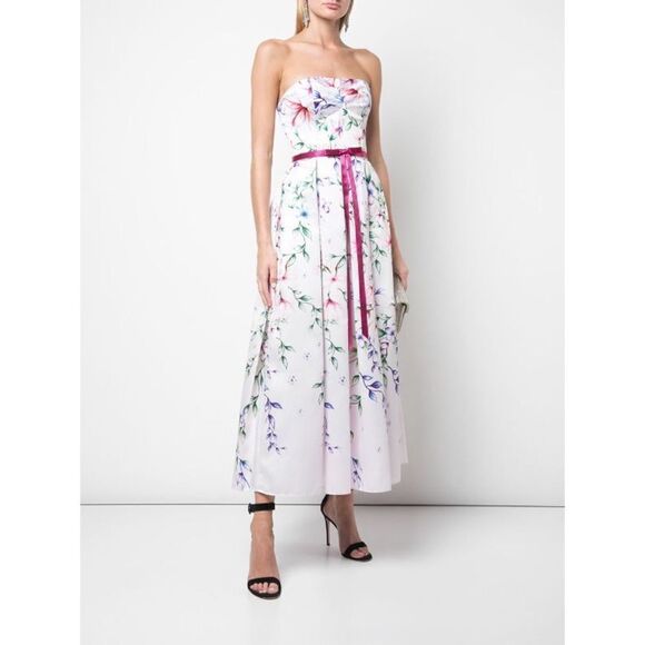 Marchesa Strapless Printed Mikado Corseted Dress - Picture 4 of 12